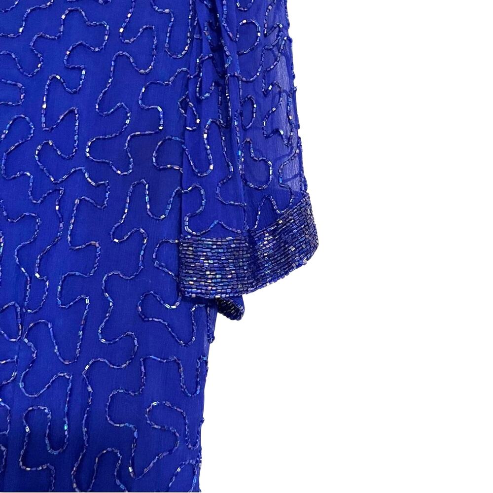 Allure Vintage Silk Beaded Royal Blue Textured Mini Dress 80s 90s - Picture 4 of 6